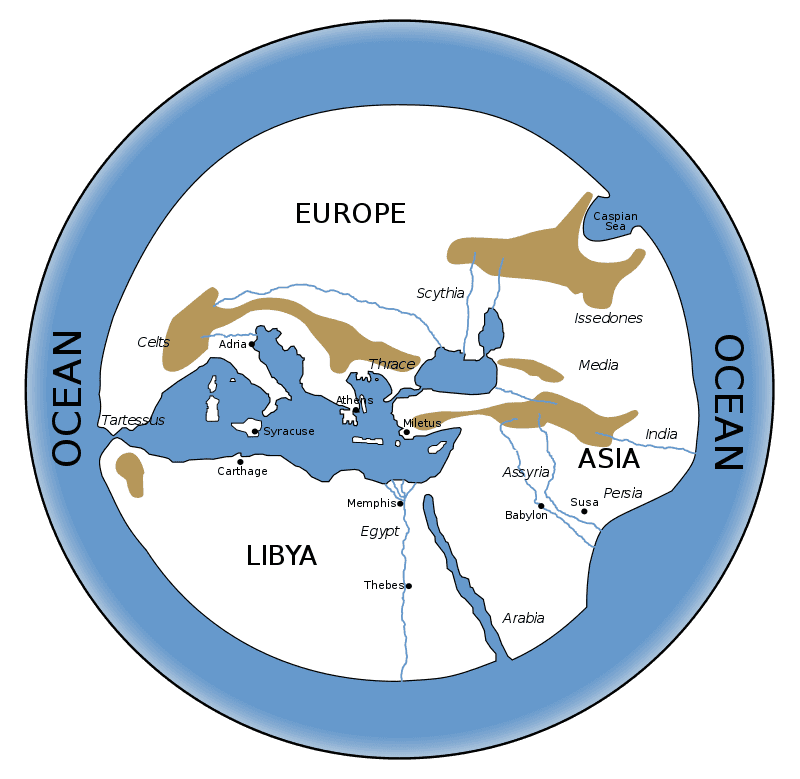 Hecataeus of Miletus (c.550-476 BC) improved the map of Anaximander, which he saw as a disc encircled by Oceans.