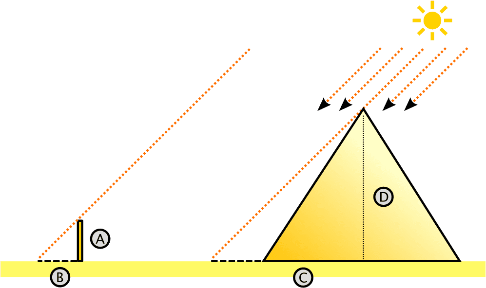 Thales waited until the time of day when his own shadow was the same length as his height. At this point, he reasoned, the shadow of the pyramid must also be the same length as the pyramid